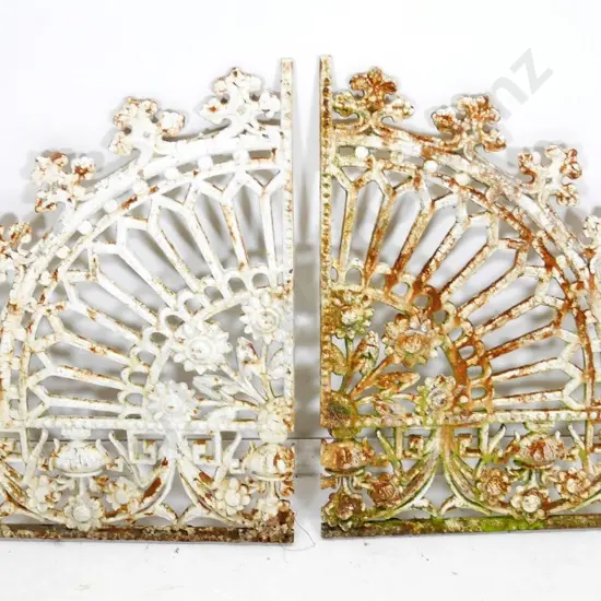 2 sections of Victorian cast iron verandah 'lace' - some corrosion. Mirrored pair, both 670 x 680