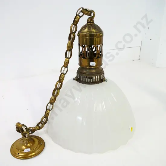 heavy ribbed opaque glass ceiling light fitting with brass fitting and chain H-400 Diameter 330