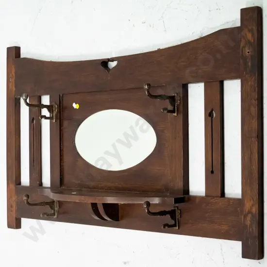 deco oak wall-mount coat rack w/ oval bevelled mirror, 4 cast metal hooks, shelf, 2 fixing holes H-590 W-1010
