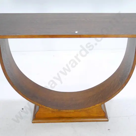 deco oak hoop-base hall table, some water marks on top H-760 W-1270 D-370