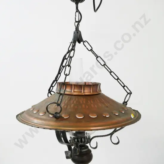 forged metal hanging light fitting with beaten copper shade and glass chimney - approx. H-700 Diameter 450