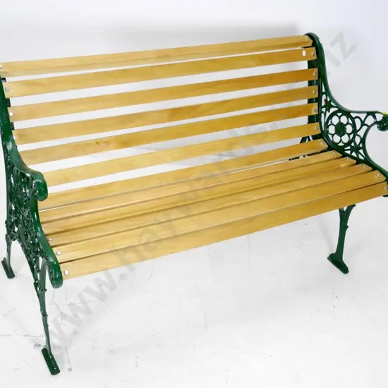 green painted restored vintage cast iron ended garden bench seat H-720 W-1150 D-600