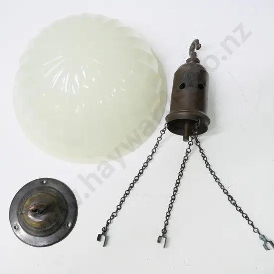 deco style milk glass ceiling light shade with copper finish fitting and chains - diameter 255