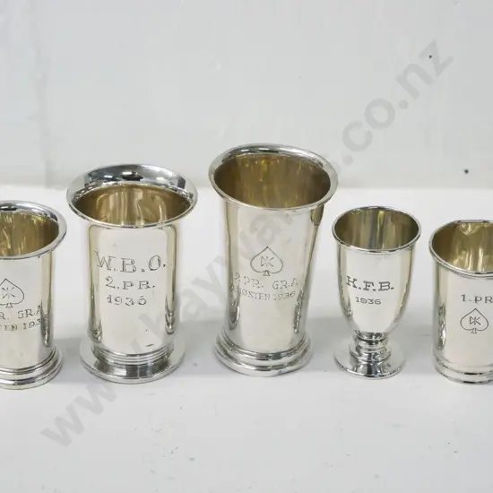 5 small Scandinavian silver trophy beakers marked 830S, engraved with various dates in 1930s, tallest H-75 (89g)