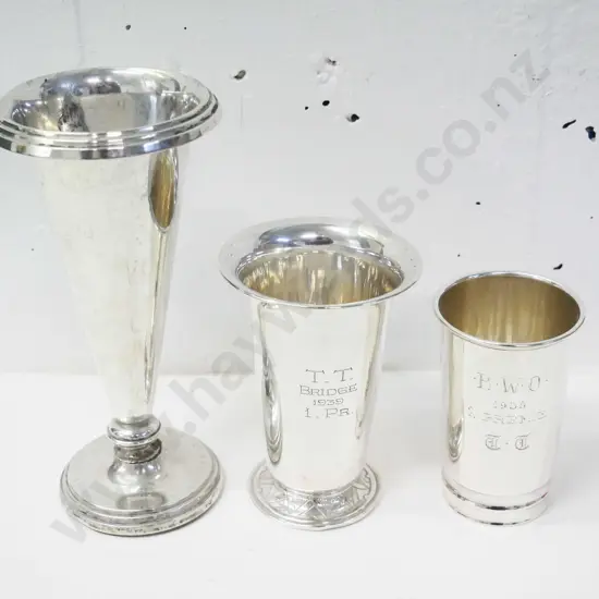 Scandinavian silver trophy items -2 beakers and vase H-175, marked 830S, engraved with dates in 1930s & 40s (280g)