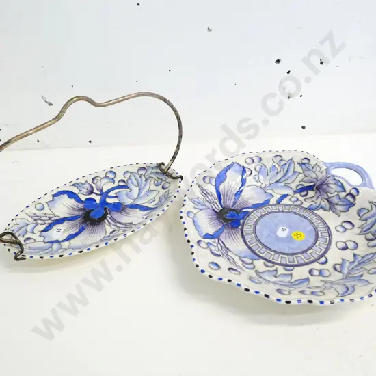 2 Charlotte Rhead  Bursley Ware items - biscuit plate with metal handle, and shallow serving bowl L-250 W-240