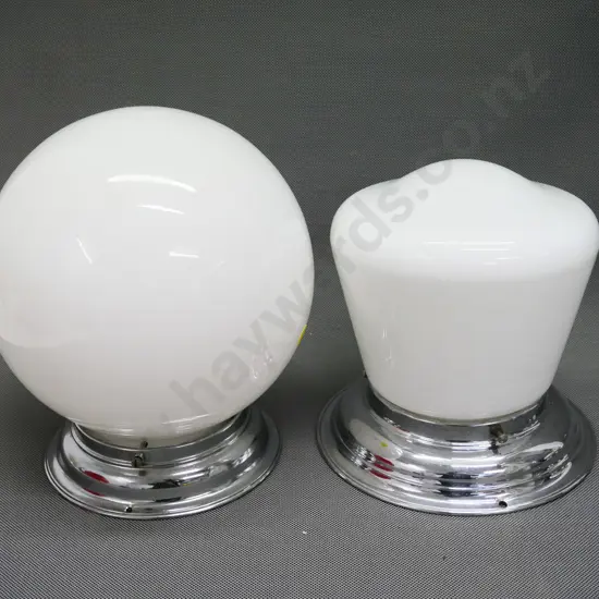 2 retro white glass ceiling light shades with chrome journals - globe one is H-230 D-190