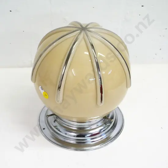 retro beige glass ceiling light shade with silver decoration & chrome journal, slight corrosion, jammed screws H230 D190