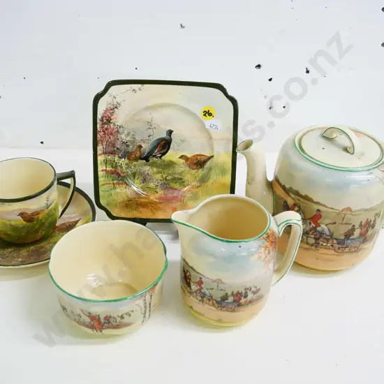Royal Doulton items - Fox Hunting teapot H-130 W-180 (discolouring) creamer jug & sugar bowl, and game bird trio
