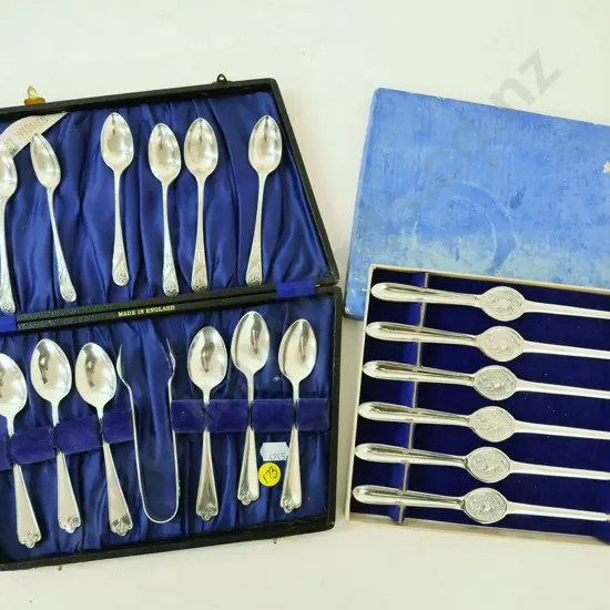 cased plated ware - set of lobster picks and 12 teaspoons & sugar tongs