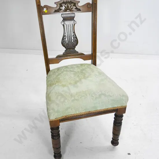 restorer's Edwardian beech carved splat dining chair, damask upholstered seat, on casters H-870 W-440 D-440