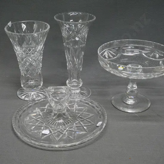 4 pieces English crystal including comport dish, handled serving plate, 2 large trumpet shape vases, taller H-230