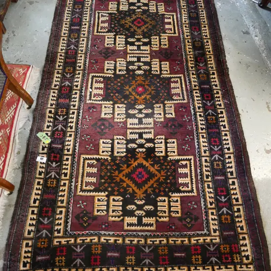 hand-knotted floor rug - plum, red, cream, black L-2020 W-1150