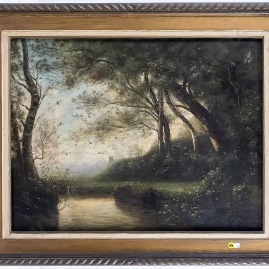 framed oil on canvas - river scene H-480 W-620