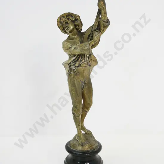 gilded metal finish figure on wooden base - with 'La Musique' metal label H-360