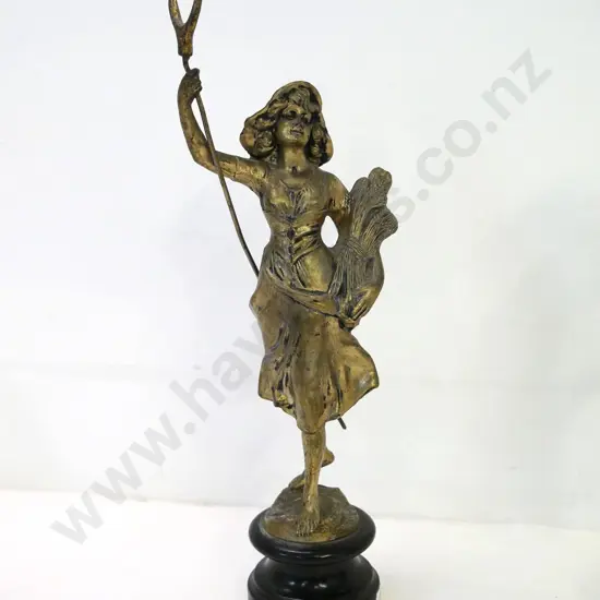 gilded metal finish figure on wooden base - with 'L' Agriculture' metal label H-390