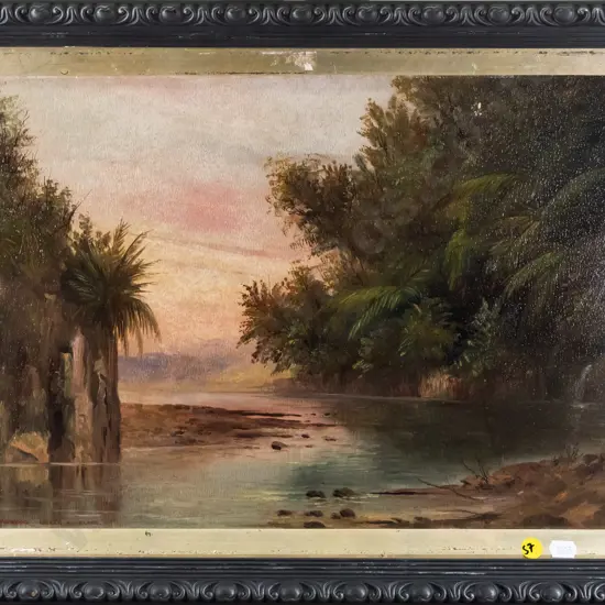 framed oil - river scene H-300 W-460