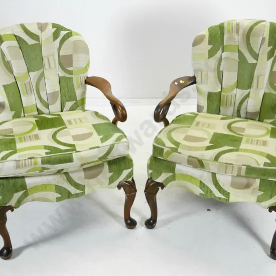 pair armchairs with unusual nouveau style carved arms, cab legs, fluted backs H-850 W-660 D-570