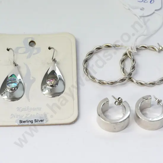 3 pairs of silver earrings stamped 925