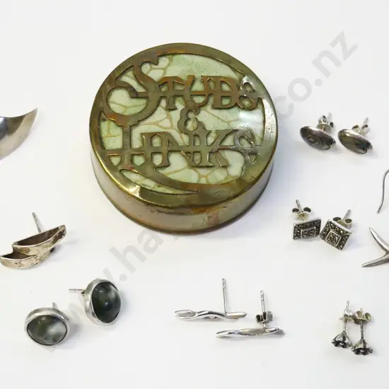 8 pairs of asstd silver earrings all stamped in a small container with studs & links on lid
