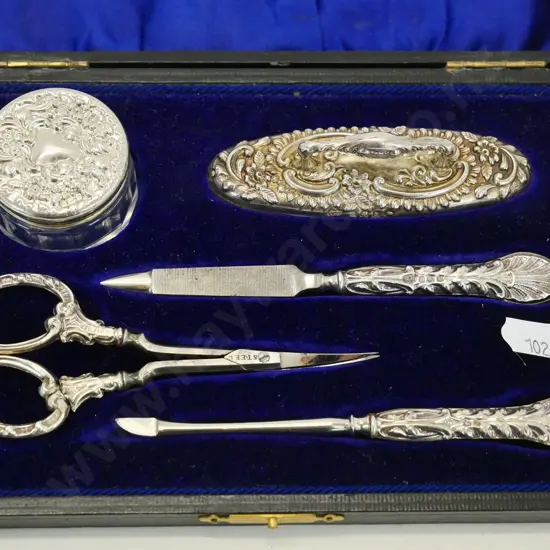 cased sterling silver mounted manicure set