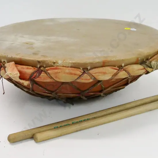 terracotta pottery drum & 2 sticks - fabric rim pulling away slightly H-130 Diameter 380, W-420 at handles