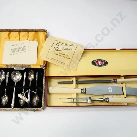 cased teaspoons 'Bedford plate epns' & boxed carving set 'W R Humprhries stainless steel