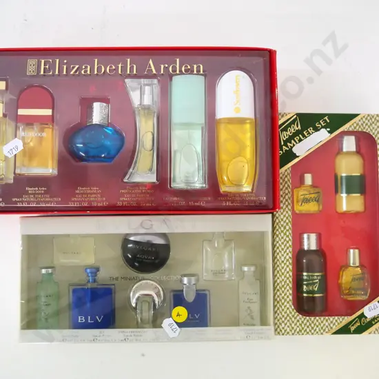 3 boxed perfume miniature sets - Bulgari, Elizabeth Arden, Tweed, all apparently sealed