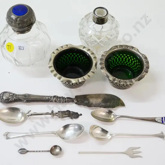 sterling silver butter knife, small spoons, etc & 2 sterling mounted bottles, one w/enamel is cracked