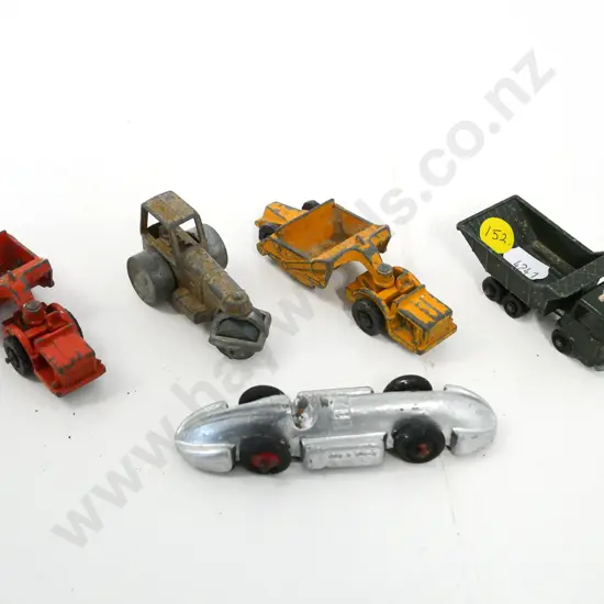 4 small Fun Ho work vehicles and a vintage racing car - all have some paint wear and/or corrosion