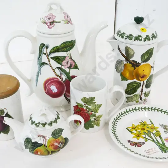 Portmeirion Pomona coffee pot, coffee plunger, teapot (chip to spout) storage jar & mug and a Botanic Gardens side plate