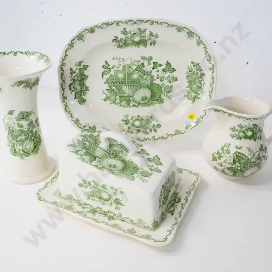 4 pieces of Masons green Fruit Basket china - covered cheese, vase H-200, jug, small platter