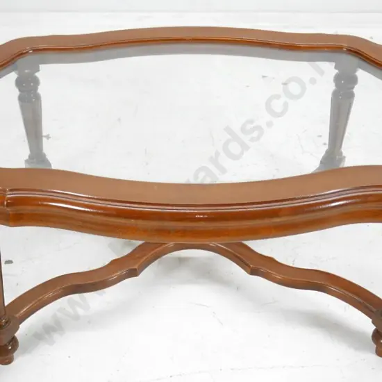 mahogany glass topped coffee table with fluted legs & X-stretcher base H410 L1060 W700