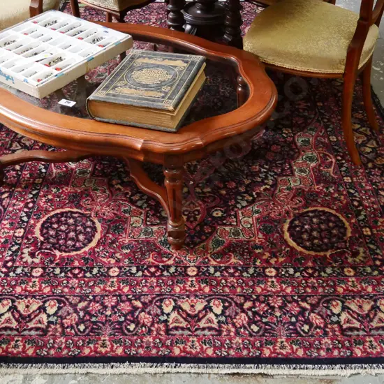 blue, red and cream woolen floor mat - worn edges L2390 W1600