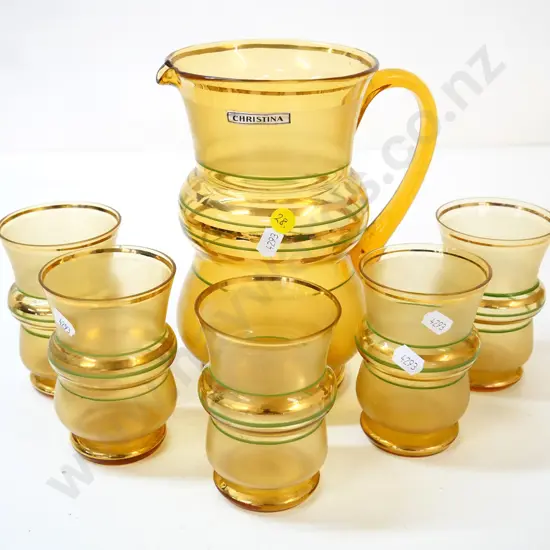 retro Christina glass water set with 5 glasses, gilt & green bands on amber glass, jug is H-210