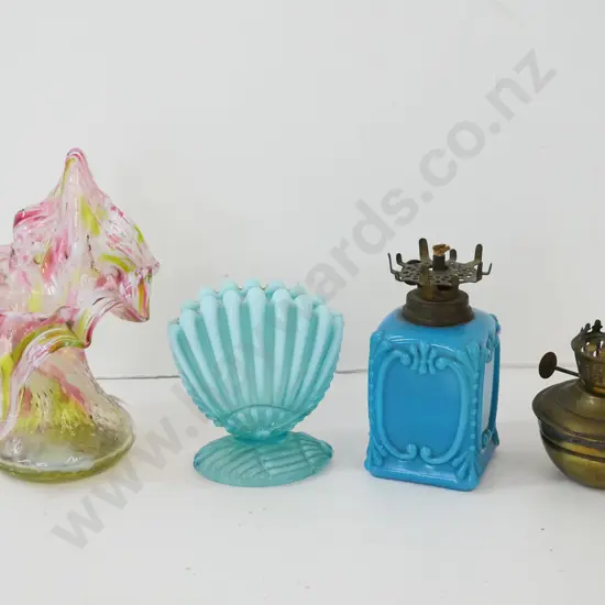 3 pieces vintage glassware including multi-colour vase, kerosene lamp base, shell vase, and brass kerosene lamp insert