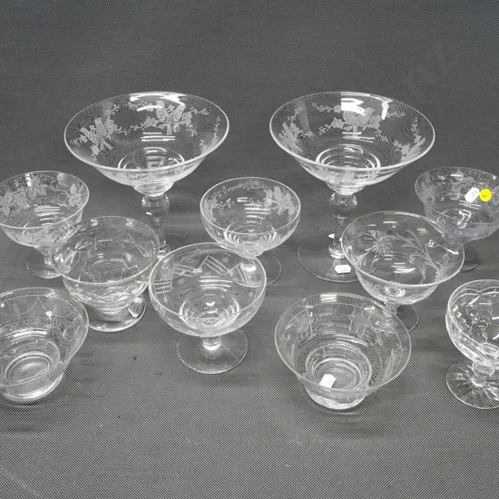 cut & etched crystal comports - 2 large H-165 D-160 and 9 smaller - Stuart, Tudor, etc.