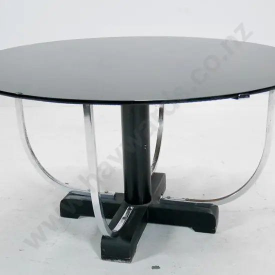 deco circular black glass topped coffee table with chrome and timber base, some paint wear & chips to glass H-420 D-760
