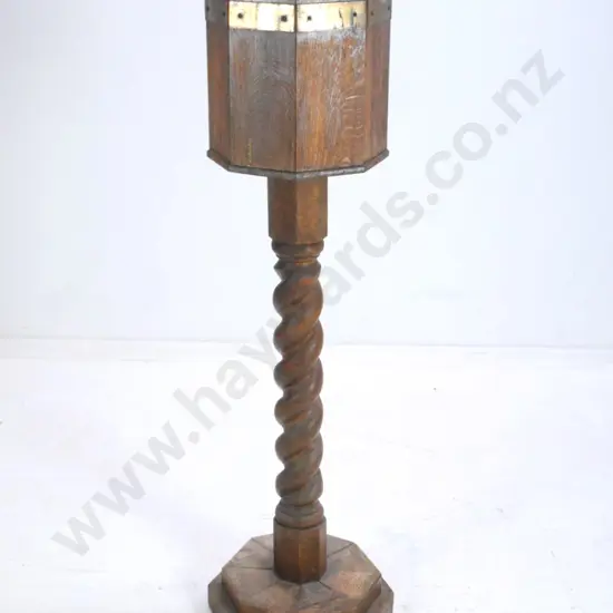 oak indoor plant stand with barley twist stem, brass strapping. A bit wobbly, wear to polish H-1160 W-330