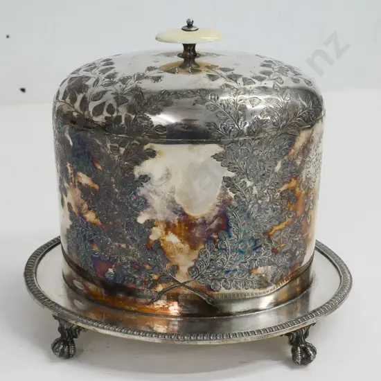 plated tea caddy on fixed tray with hinged lid, etched maidenhair fern pattern, bone or faux ivory handle H-180 W-190