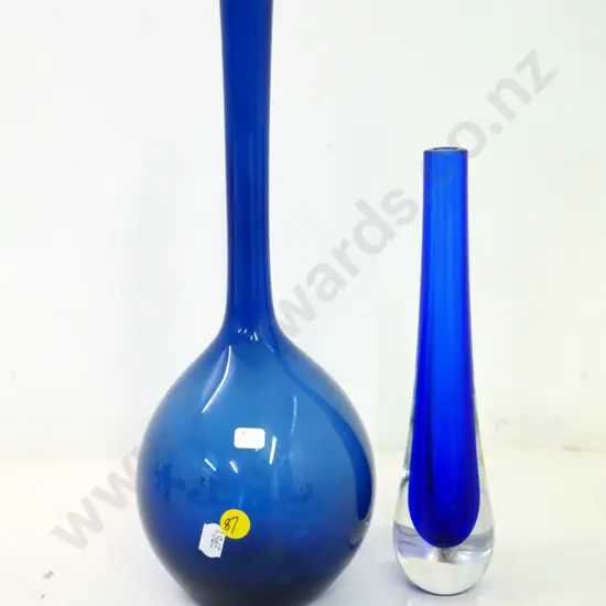 2 blue glass vases - shorter with heavy clear base, taller is H-310