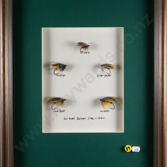 framed Gut eyed Salmon flies 1910 H-220 W-170
