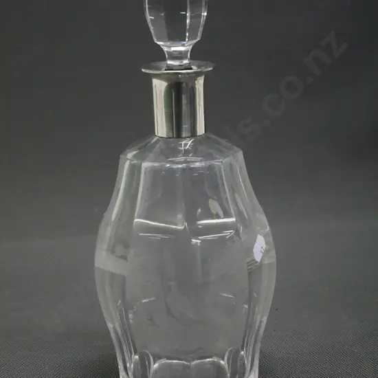 sterling silver (830s) mounted heavy etched glass decanter - internal haze H-290