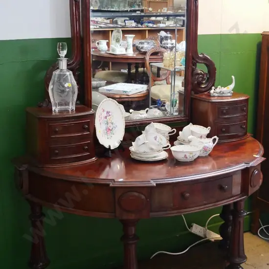 Victorian mahogany half-round 5-drawer dressing table with column base, cheval mirror w/heavy carving H1730 W1210 D580