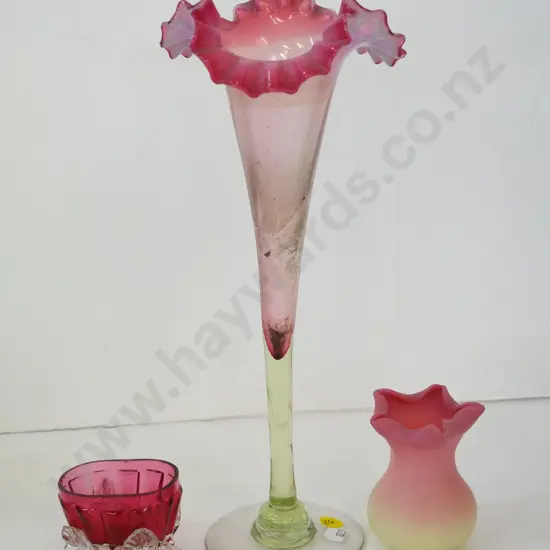 glass items - frilled top pink & yellow vase H-300, pink & cream vase, small cranberry footed dish