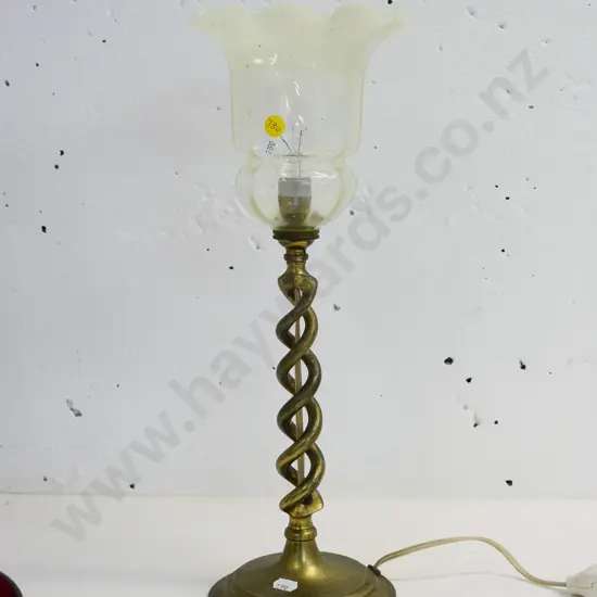brass twist-stem table lamp with up-facing glass shade H-410 Diameter 140 at base, some pitting