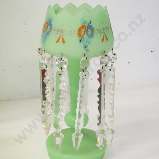 opaque green glass lustre vase with painted floral decoration - wear to finish H-330