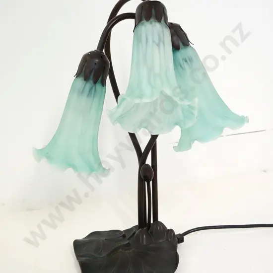 reproduction Tiffany style 3-light lamp with composite base & mottled frosted green glass shades H-420