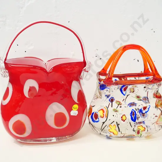 2 art glass ornamental handbags - taller is H-260 W-210