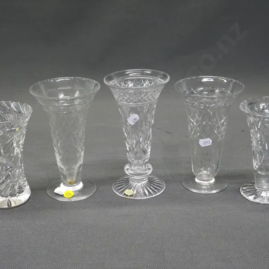 5 English cut crystal vases - 2 x Tudor, Webb-Corbett, etc. - tallest is H-170